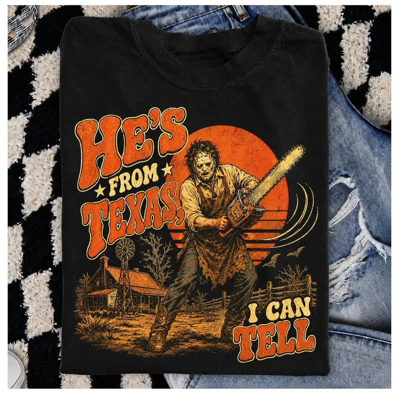 Texas Slasher Horror Graphic Tee for Spooky Season Movie Fan Outfits