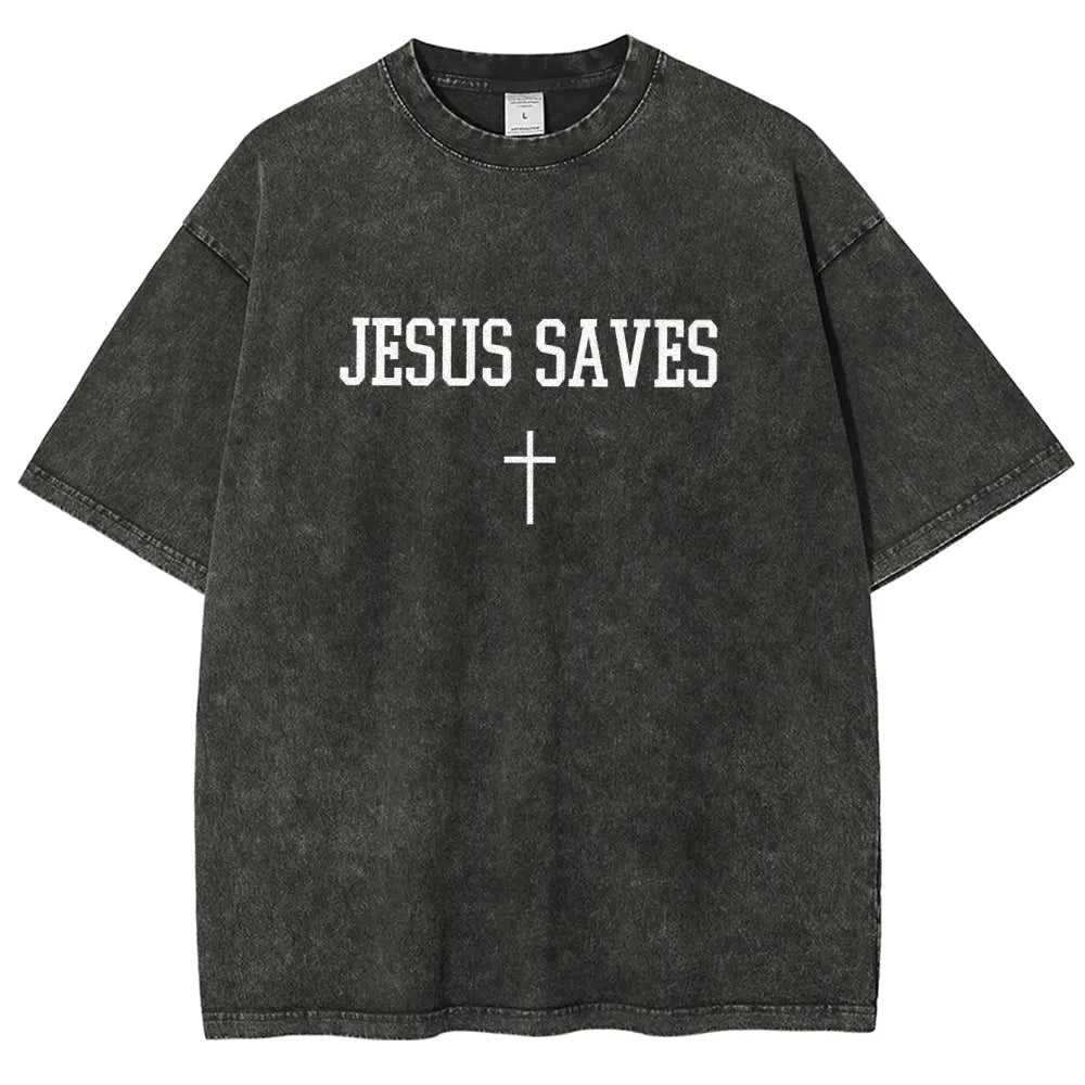Faith in the Streets: "Jesus Saves" Vintage Washed Oversized Graphic Tee