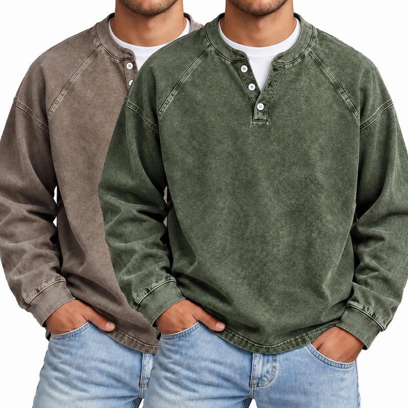 Men's Vintage Washed Henley Shirt with Long Sleeves and Relaxed Fit