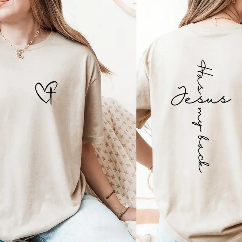 Faith Forward: "Jesus Has My Back" Minimalist Heart & Cross Graphic Tee