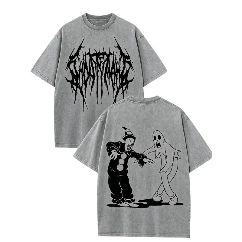 Spooky Clown Ghost Graphic Tee for Halloween Streetwear and Horror Fans