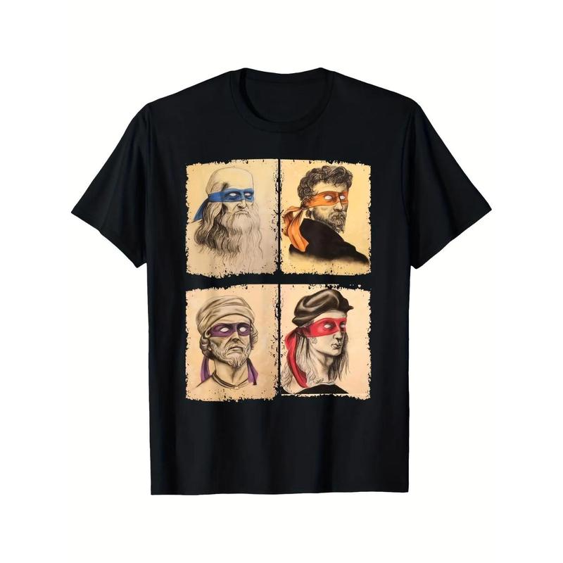 Casual Short Sleeve T Shirt Featuring Humorous Italian Artists and Teenage Mutant Ninja Turtles