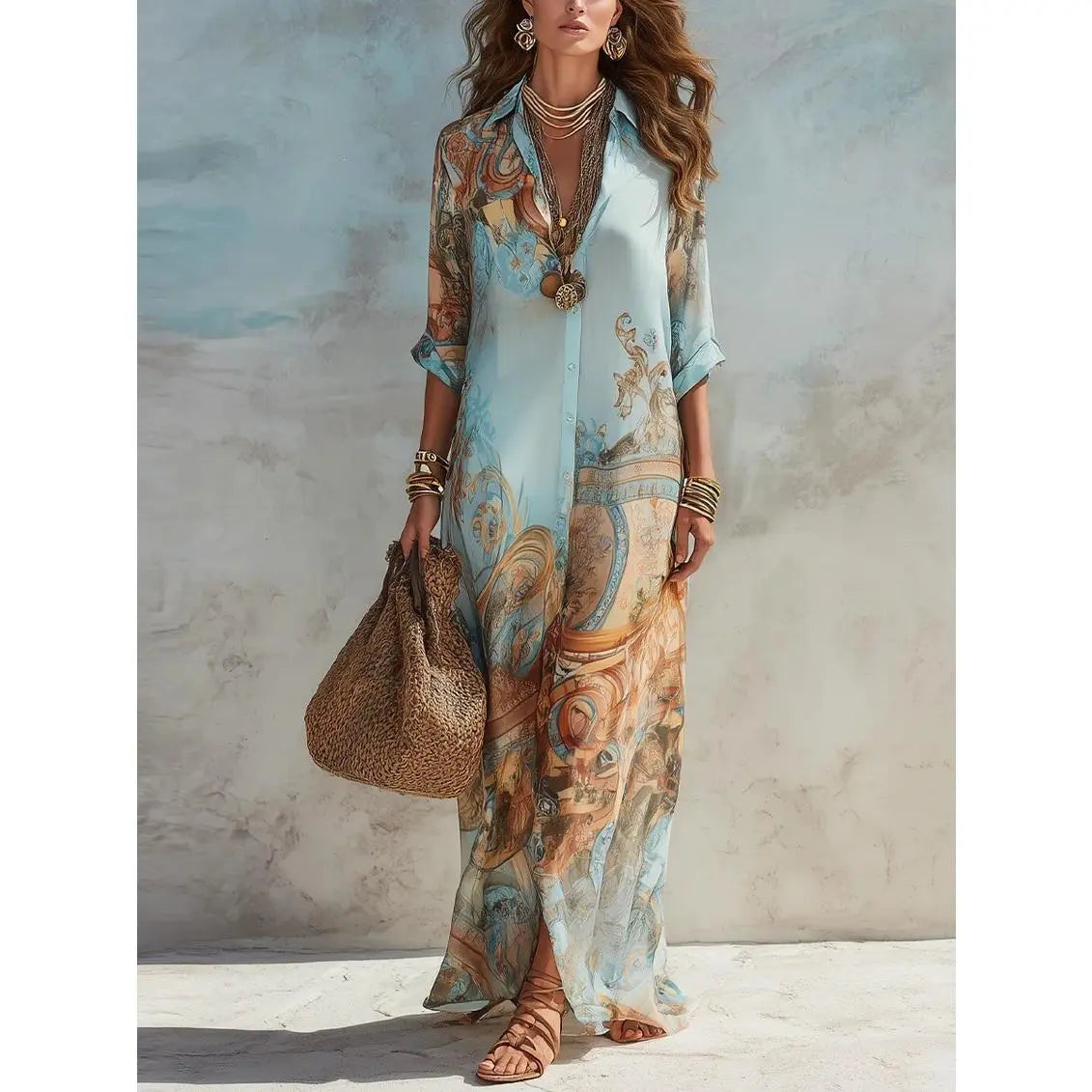 Women's V-Neck Maxi Featuring an Ethnic Printed Color Pattern, Belted Waist, Plussize Curvy Clothing, Lady, Casual Wear