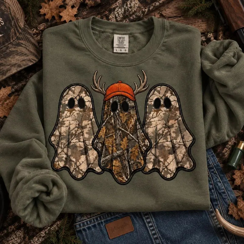 Retro Ghost Hunting Sweatshirt with Spooky Camo Graphic for Halloween Outfits