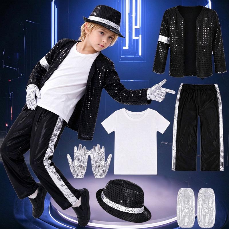 Meihuida Kids Pop Star Halloween Costume Set Black Sequin Jacket Trousers Hat Gloves 80s Retro Stage Outfit for Boys