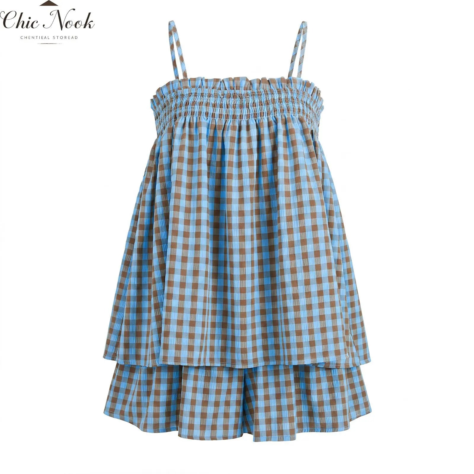 Women's Plaid Gingham Lounge Outfits Ruffle Flowy Tank Tops and  Wide Leg Shorts Sets