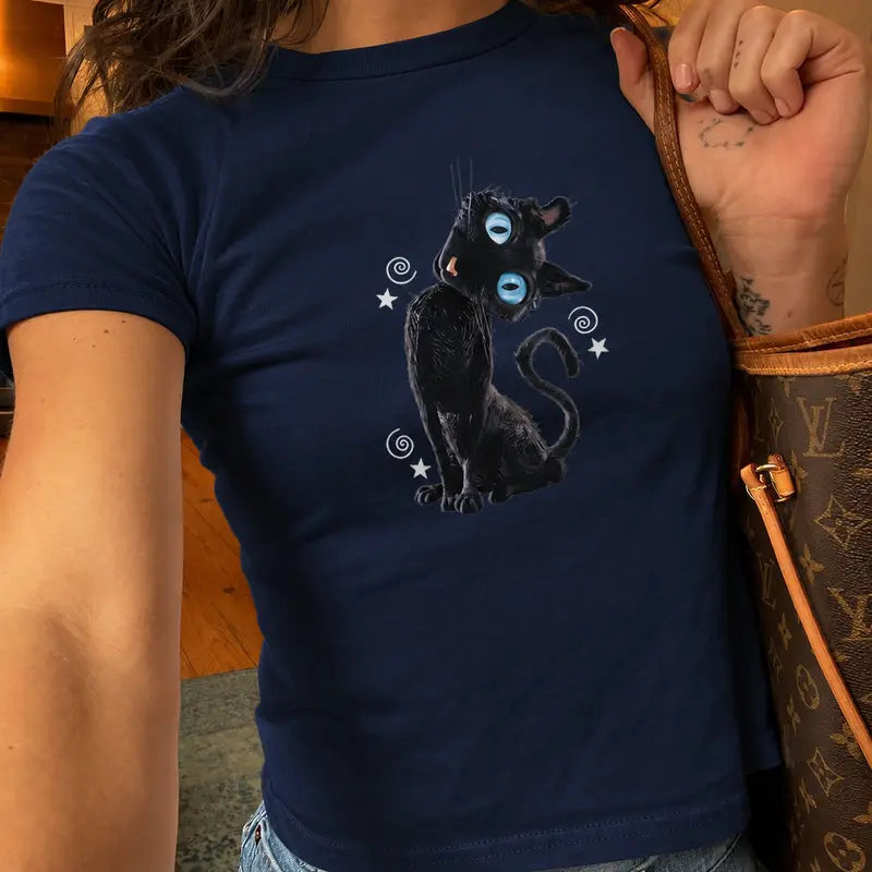 Creepy Cat Graphic Baby Tee with Gothic Horror Style for Halloween Lovers