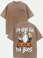 Vintage Ghost Halloween Graphic Tee with Spooky Party Humor Streetwear Style