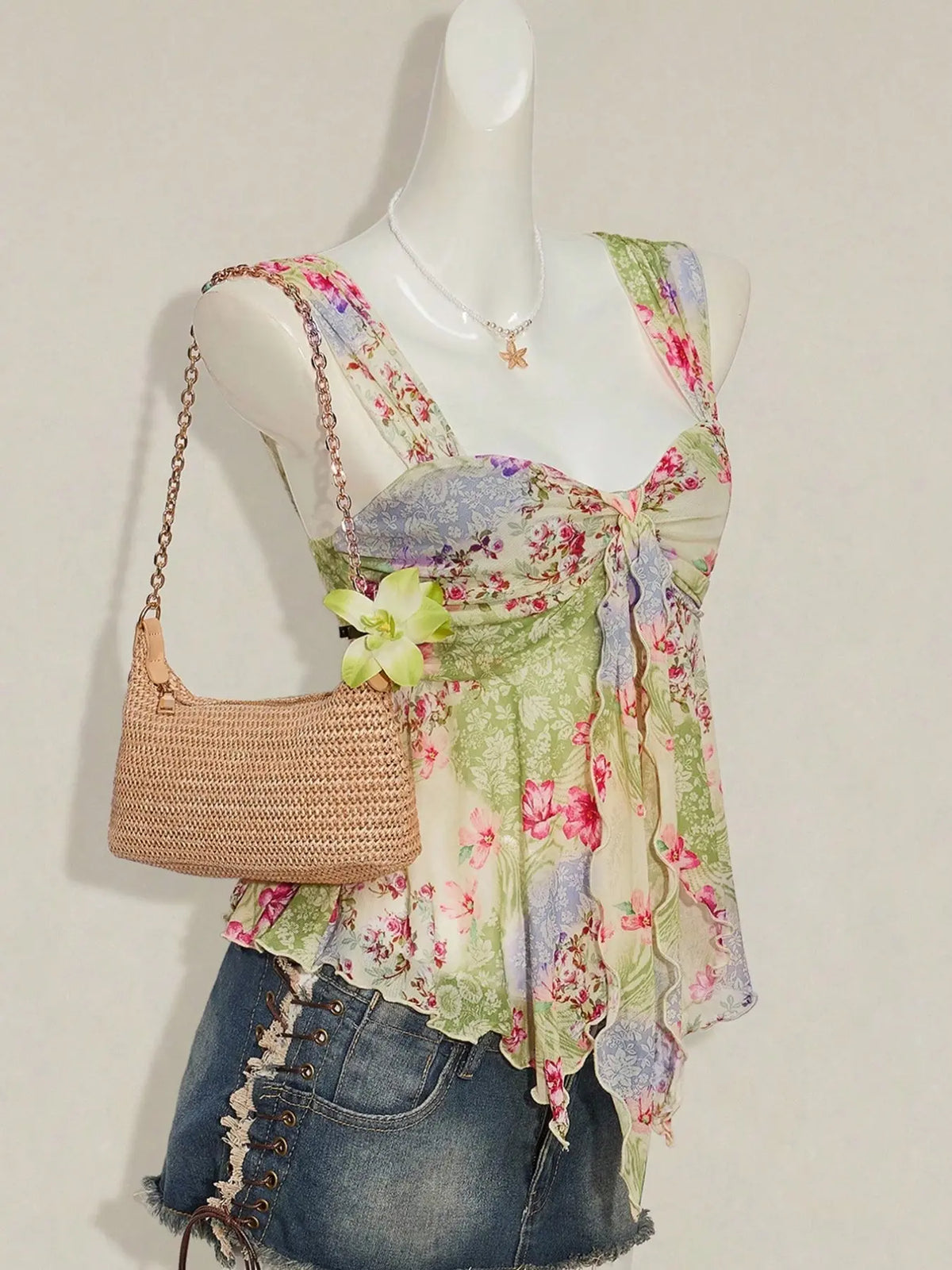 Floral Sheer Mesh Asymmetrical Hem Top for Summer Vacation Style