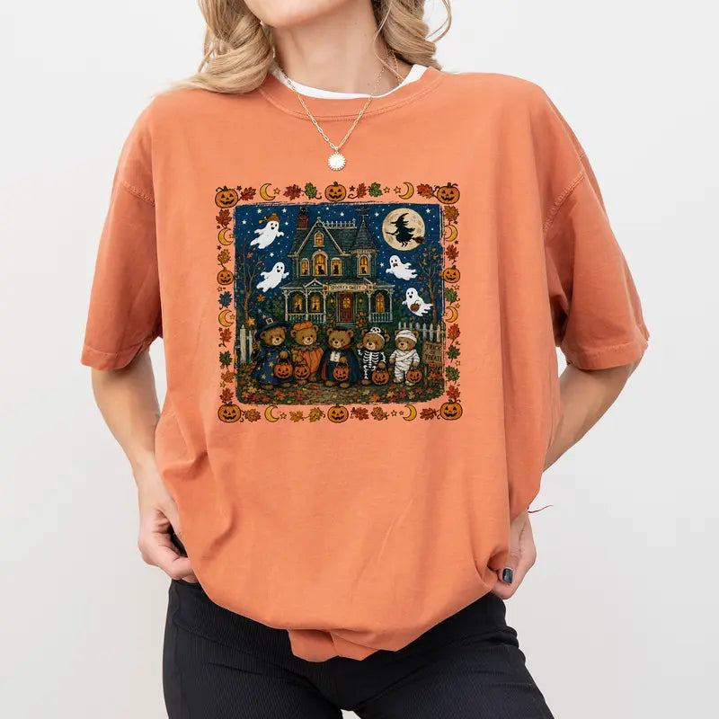Vintage Halloween Bears Haunted House Graphic T-Shirt