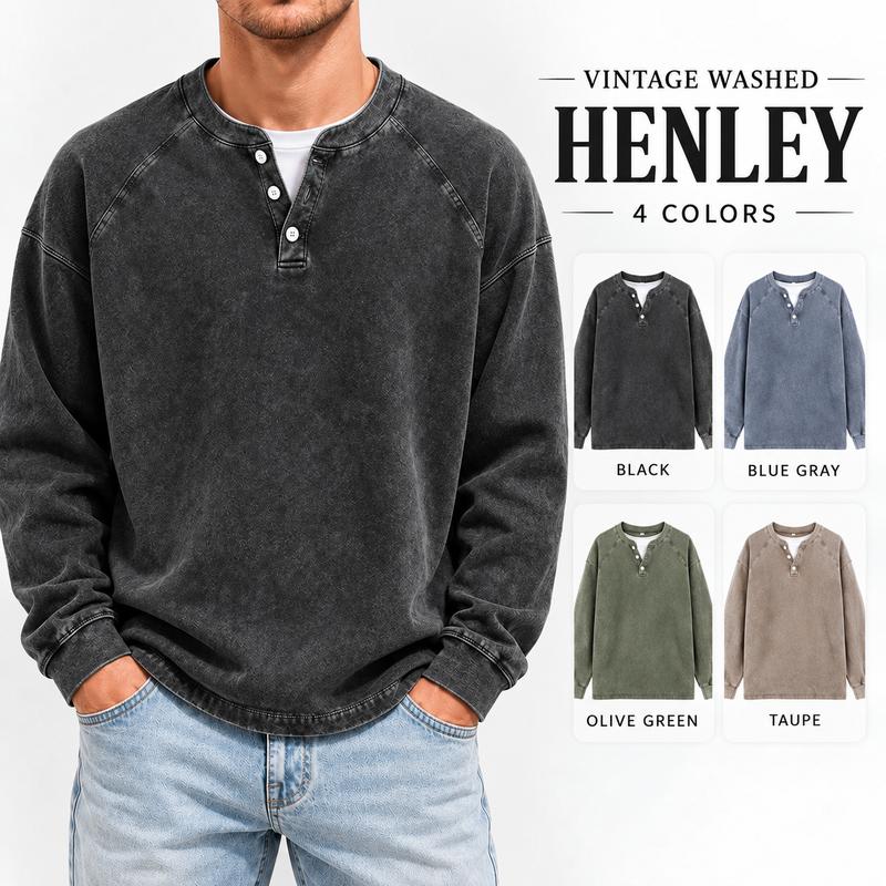 Men's Vintage Washed Henley Shirt with Long Sleeves and Relaxed Fit