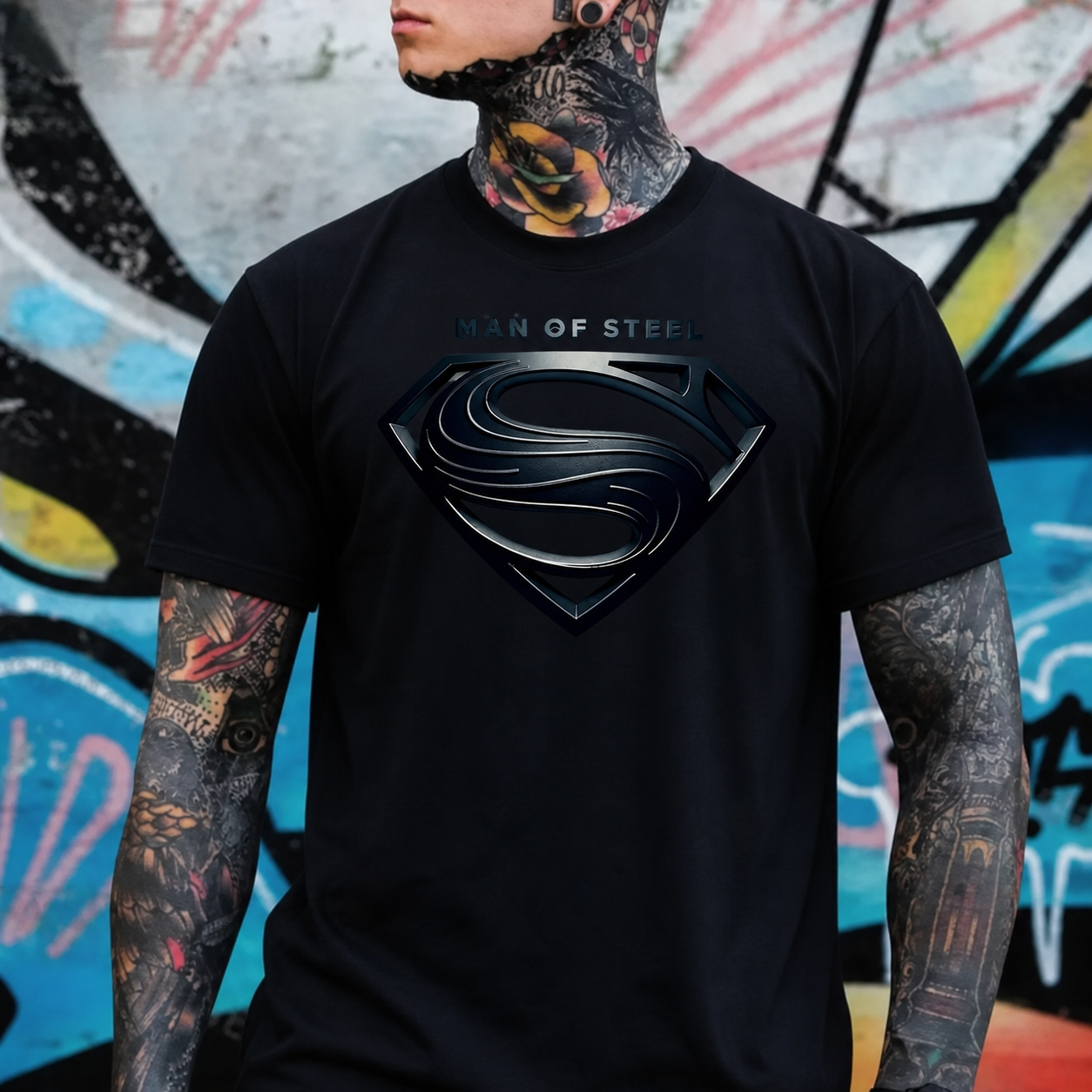 Iconic Metal Crest: Man of Steel Heritage Graphic Tee