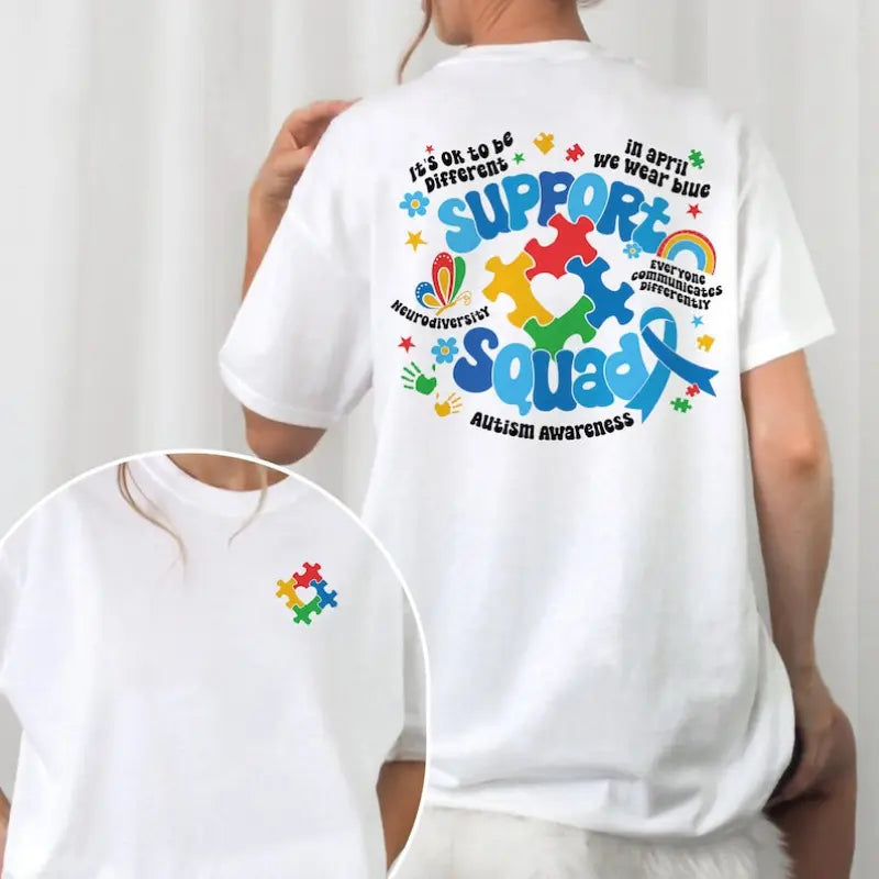 "Support Squad" Neurodiversity Pride: Vibrant Autism Awareness Graphic Tee