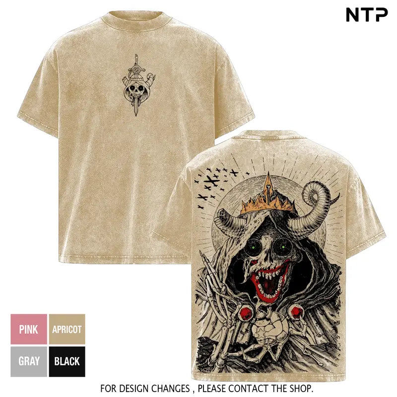 Dark Fantasy Skull King Washed Oversized Graphic T-Shirt