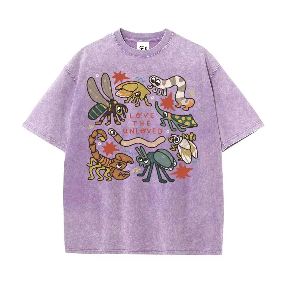 "Love The Unloved" Vintage Washed Insect Graphic Tee - Oversized Quirky Bug Lover Streetwear