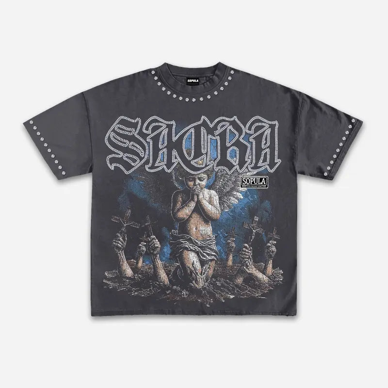 Retro Angel Graphic T-Shirt with Gothic Streetwear Style for Men