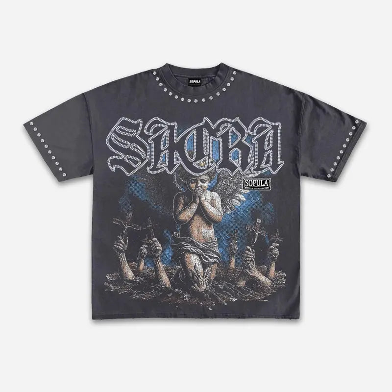 Retro Angel Graphic T-Shirt with Gothic Streetwear Style for Men