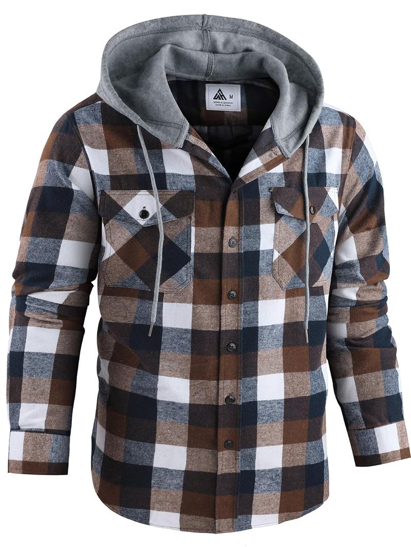 Men's Plus Size Checked Flannel Hooded Long Sleeve Shirt-Jacket - Button Front, Drawstring Hood, Pockets, Soft Casual Style Outerwear for Streetwear, Office Classic Outdoor