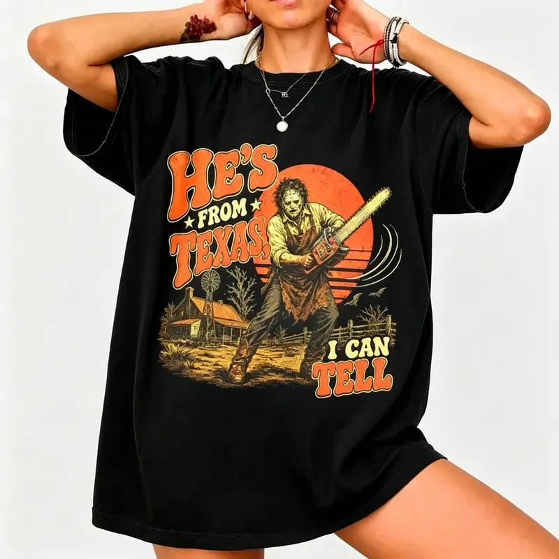 Texas Slasher Horror Graphic Tee for Spooky Season Movie Fan Outfits
