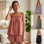 Women's Plaid Gingham Lounge Outfits Ruffle Flowy Tank Tops and  Wide Leg Shorts Sets