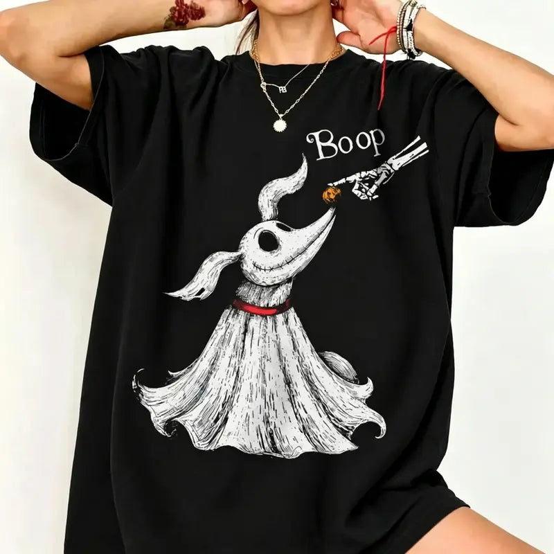 Funny Skeleton Dog Boop Graphic Tee for Halloween Humor Casual Outfits