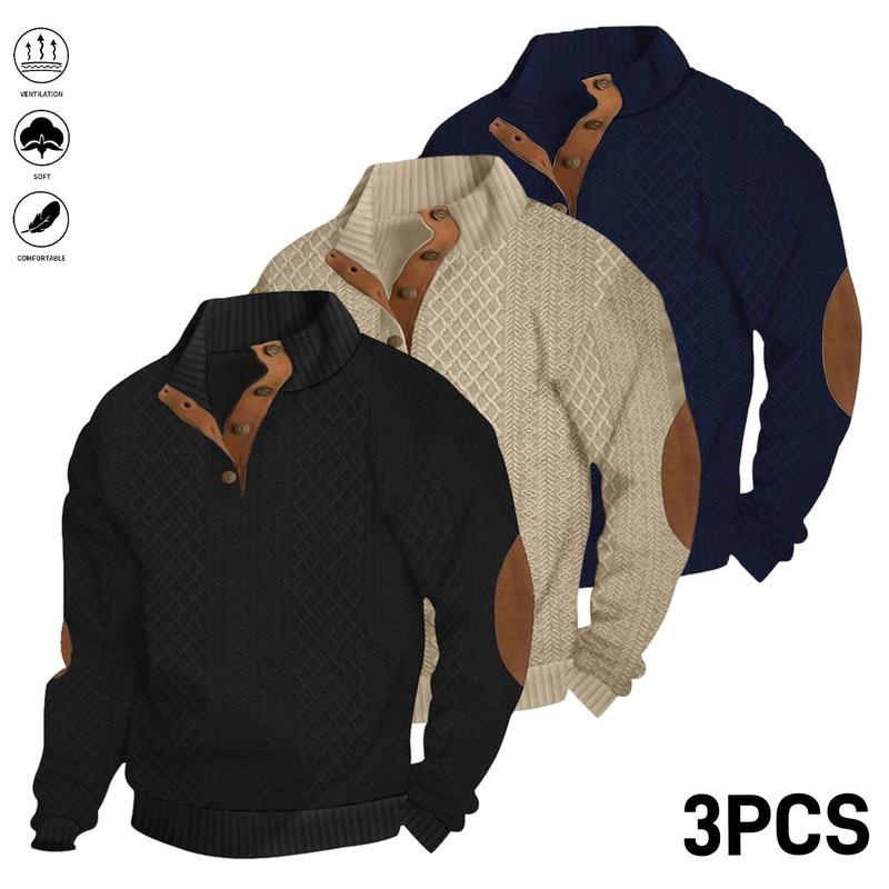 Men’s Jacquard Stand Collar Henley Sweatshirt Pack for Casual Streetwear Outfits
