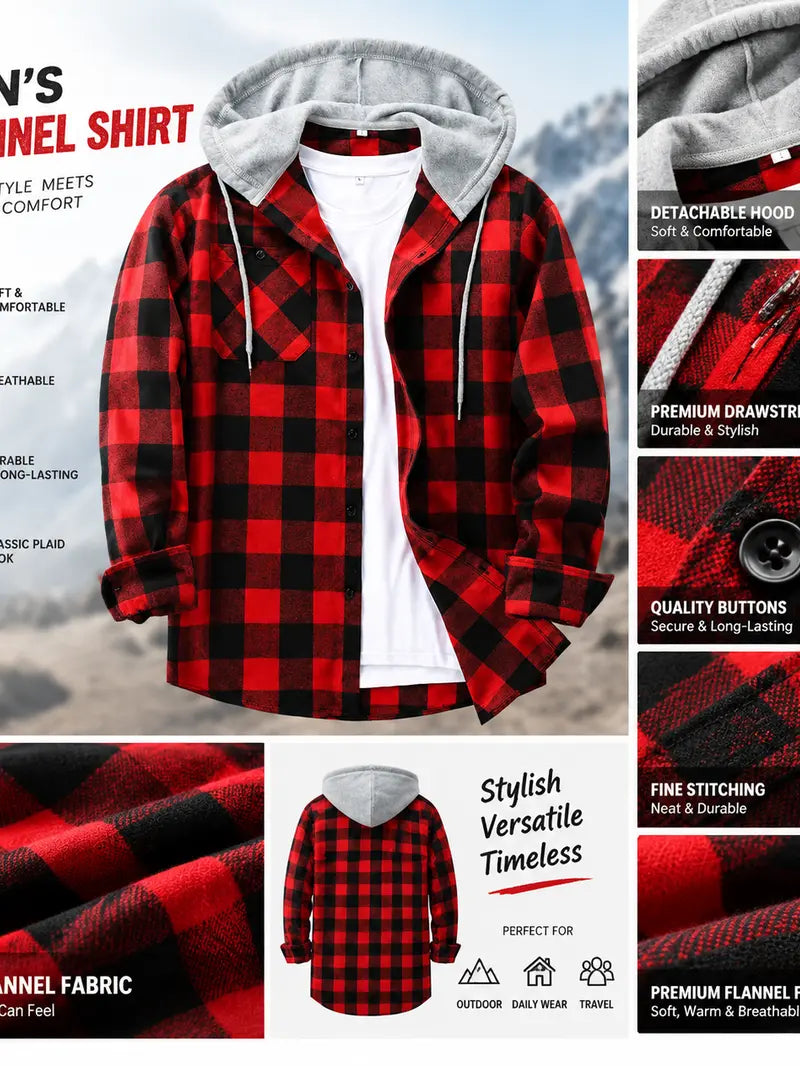 Men's Plus Size Checked Flannel Hooded Long Sleeve Shirt-Jacket - Button Front, Drawstring Hood, Pockets, Soft Casual Style Outerwear for Streetwear, Office Classic Outdoor