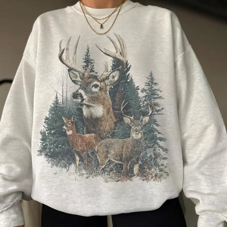 Vintage Deer Forest Sweatshirt for Midwest Hunting Season and Outdoor Style
