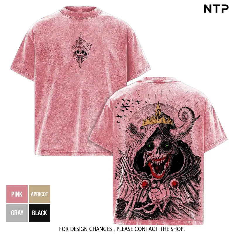 Dark Fantasy Skull King Washed Oversized Graphic T-Shirt