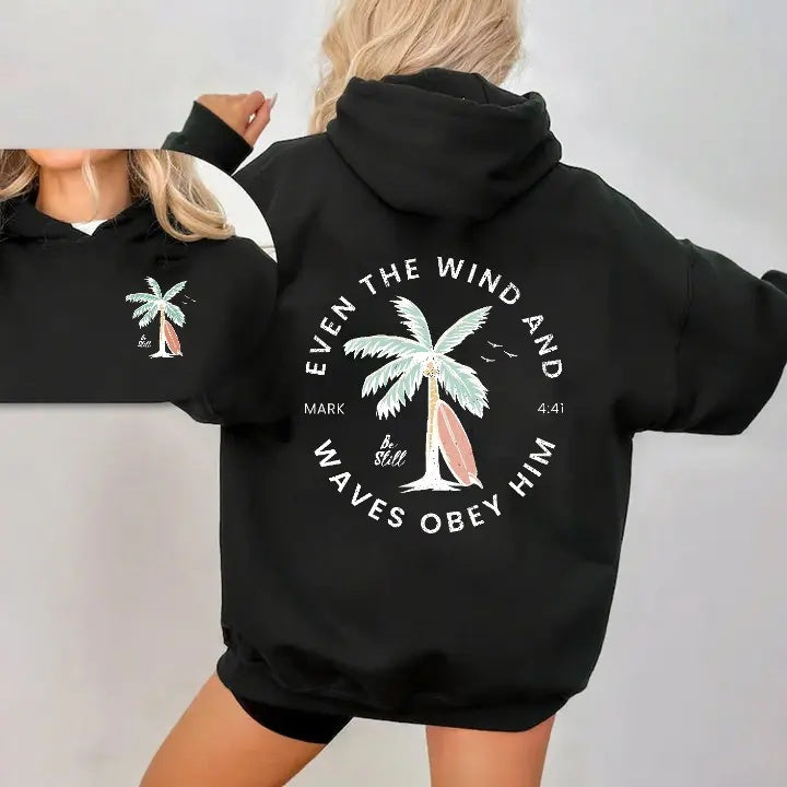 "Even The Wind And Waves Obey Him" Beachy Christian Graphic Tee - Mark 4:41 Retro Surf Style Bible Verse Shirt