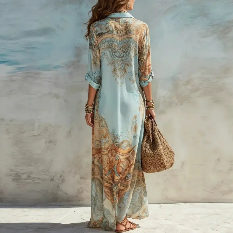 Women's V-Neck Maxi Featuring an Ethnic Printed Color Pattern, Belted Waist, Plussize Curvy Clothing, Lady, Casual Wear