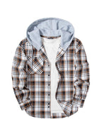 Men's Plus Size Checked Flannel Hooded Long Sleeve Shirt-Jacket - Button Front, Drawstring Hood, Pockets, Soft Casual Style Outerwear for Streetwear, Office Classic Outdoor
