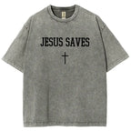 Faith in the Streets: "Jesus Saves" Vintage Washed Oversized Graphic Tee