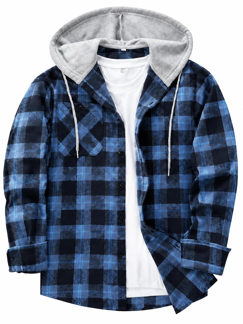 Men's Plus Size Checked Flannel Hooded Long Sleeve Shirt-Jacket - Button Front, Drawstring Hood, Pockets, Soft Casual Style Outerwear for Streetwear, Office Classic Outdoor