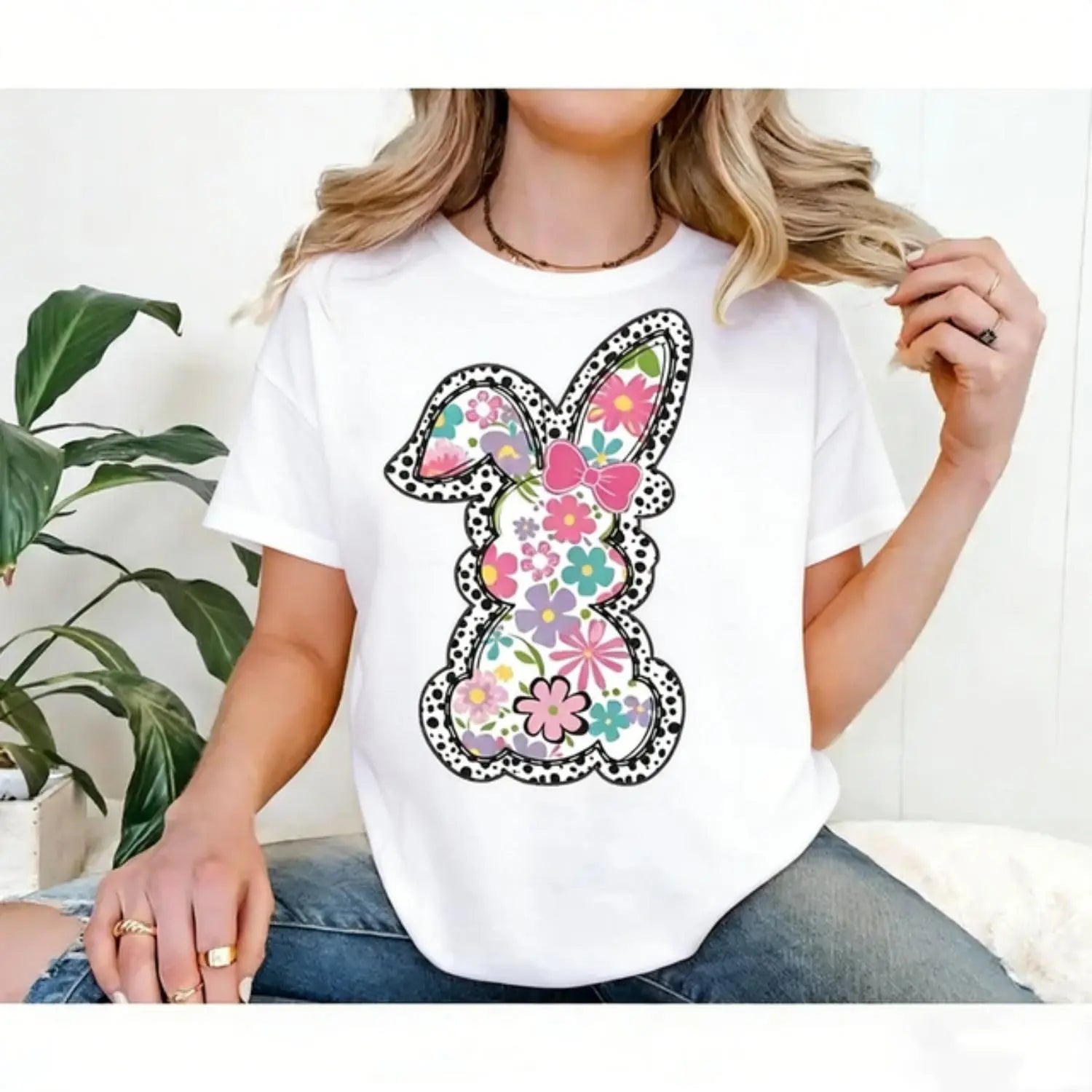 "Floral Bunny Polka Dot Outline" Graphic Tee - Whimsical Spring Easter Gift for Women