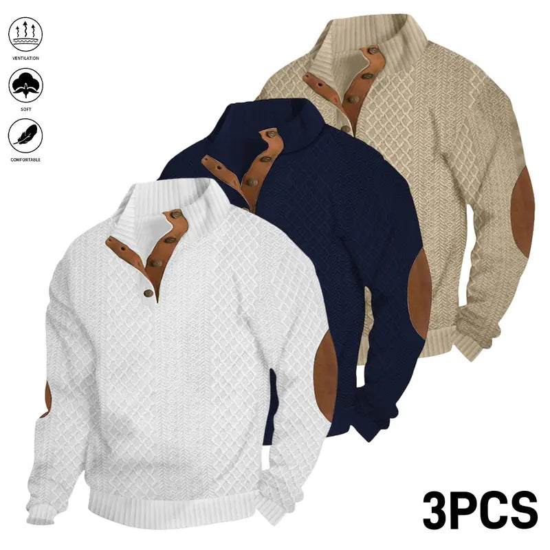 Men’s Jacquard Stand Collar Henley Sweatshirt Pack for Casual Streetwear Outfits