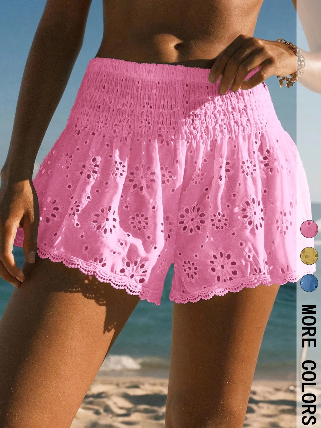 Floral Embroidered Lace Trim Beach Shorts for Summer Vacation Outfits
