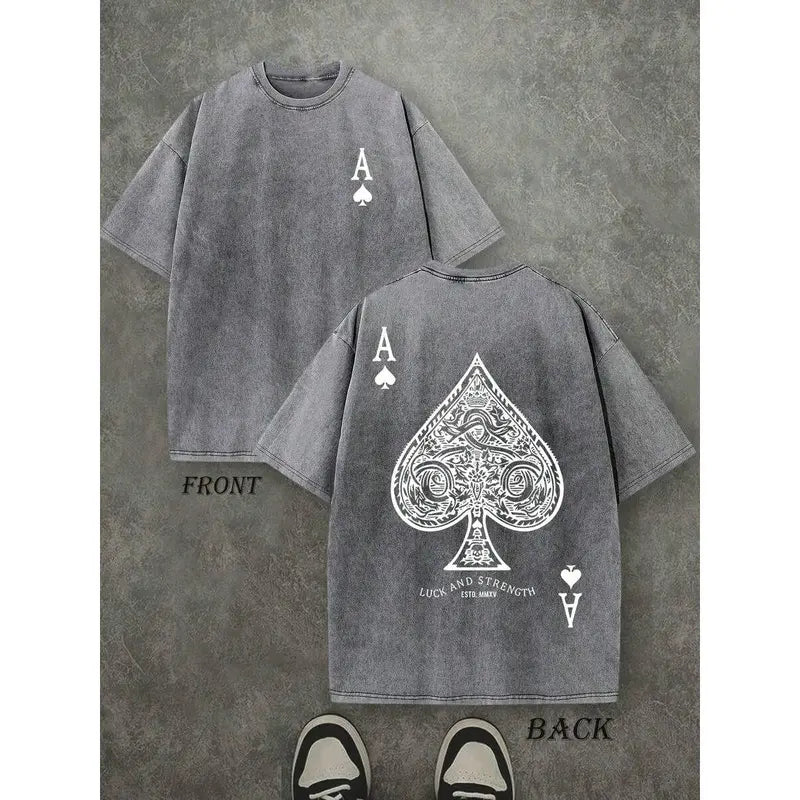 Vintage-Washed "Luck and Strength" Ace of Spades Heavyweight Cotton Tee