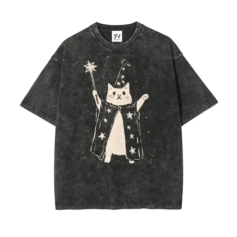 Vintage Wizard Cat Graphic T-Shirt for Magical Streetwear Lovers and Casual Everyday Style