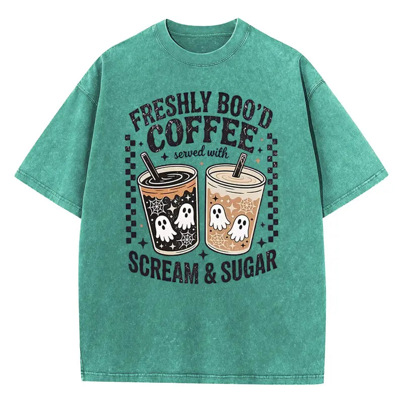 Retro Ghost Coffee Graphic Tee for Halloween Streetwear and Fall Outfits