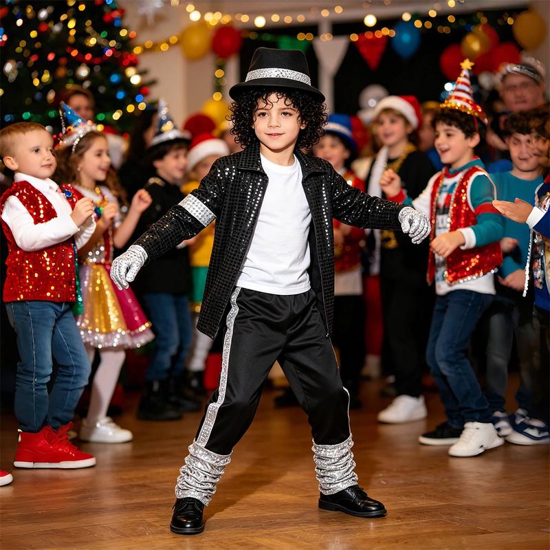 Meihuida Kids Pop Star Halloween Costume Set Black Sequin Jacket Trousers Hat Gloves 80s Retro Stage Outfit for Boys
