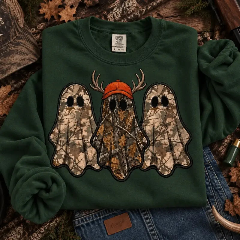 Retro Ghost Hunting Sweatshirt with Spooky Camo Graphic for Halloween Outfits
