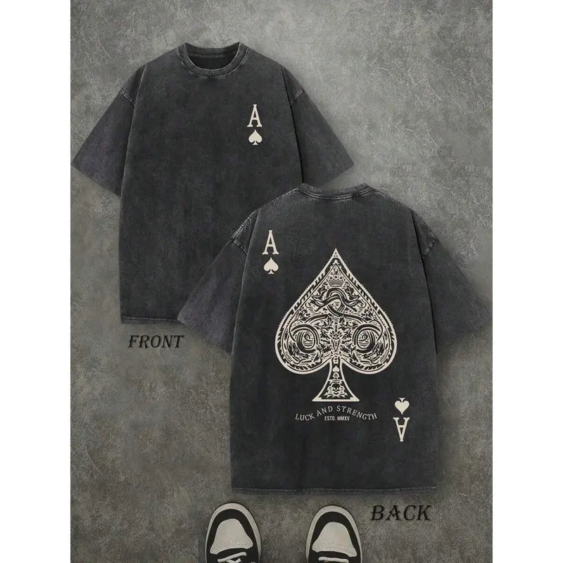 Vintage-Washed "Luck and Strength" Ace of Spades Heavyweight Cotton Tee