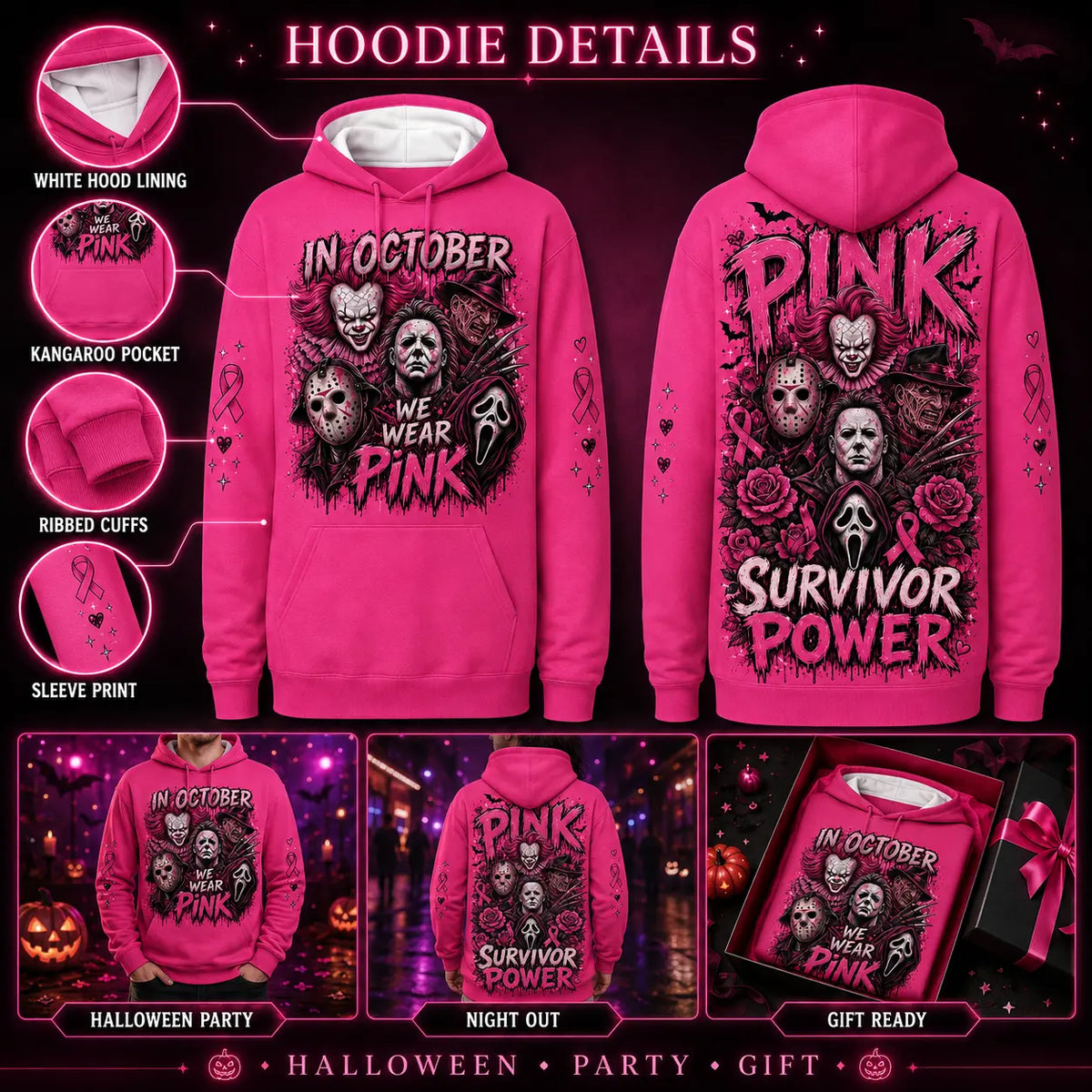 October Awareness Horror Hoodie with Ribbon Graphic for Spooky Season Support