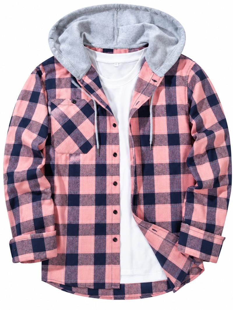 Men's Plus Size Checked Flannel Hooded Long Sleeve Shirt-Jacket - Button Front, Drawstring Hood, Pockets, Soft Casual Style Outerwear for Streetwear, Office Classic Outdoor