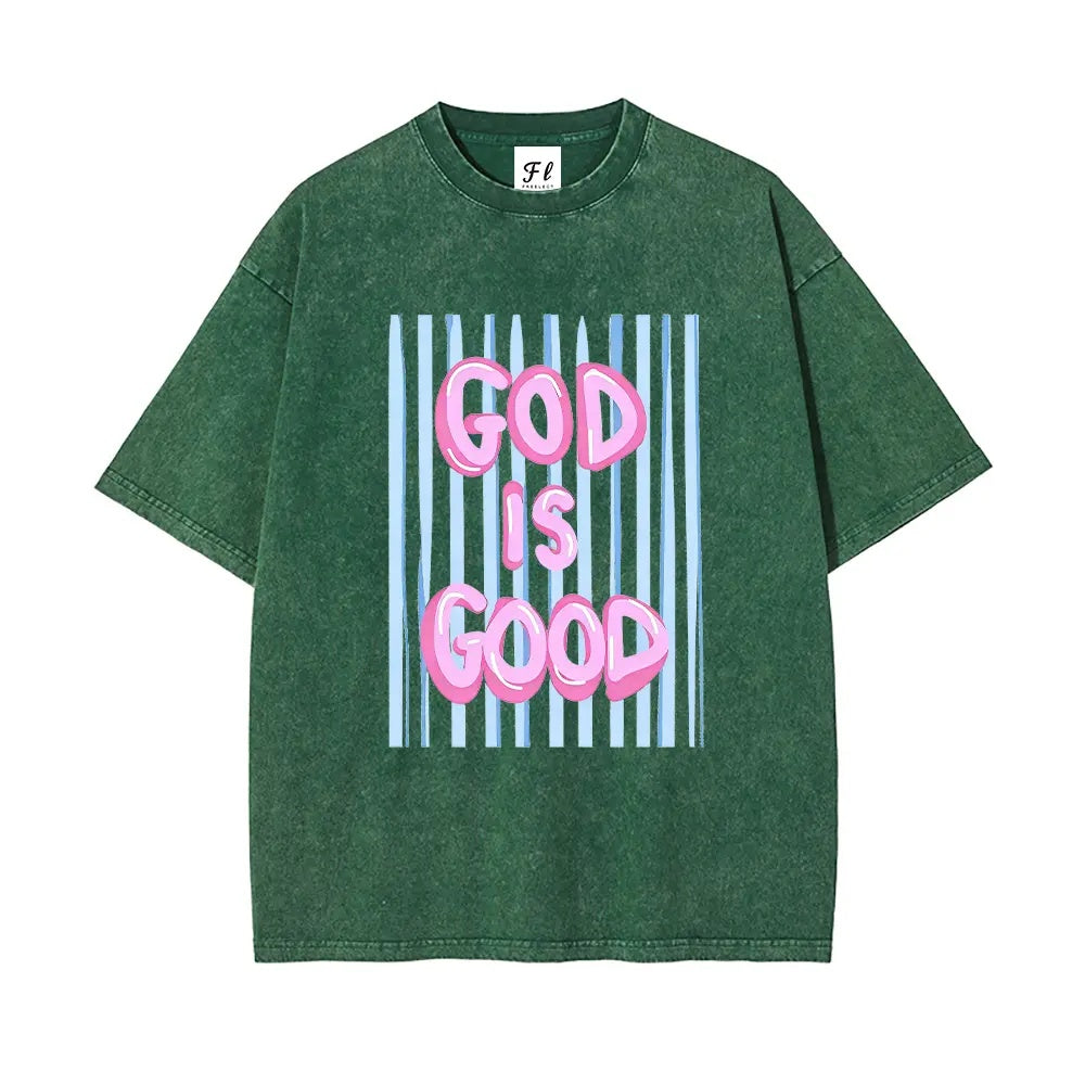 Faith In Style: "God Is Good" Vintage Wash Oversized Graphic T-Shirt