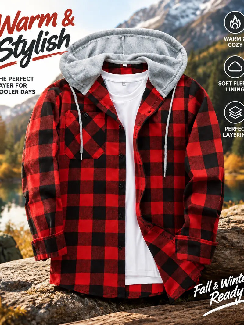 Men's Plus Size Checked Flannel Hooded Long Sleeve Shirt-Jacket - Button Front, Drawstring Hood, Pockets, Soft Casual Style Outerwear for Streetwear, Office Classic Outdoor