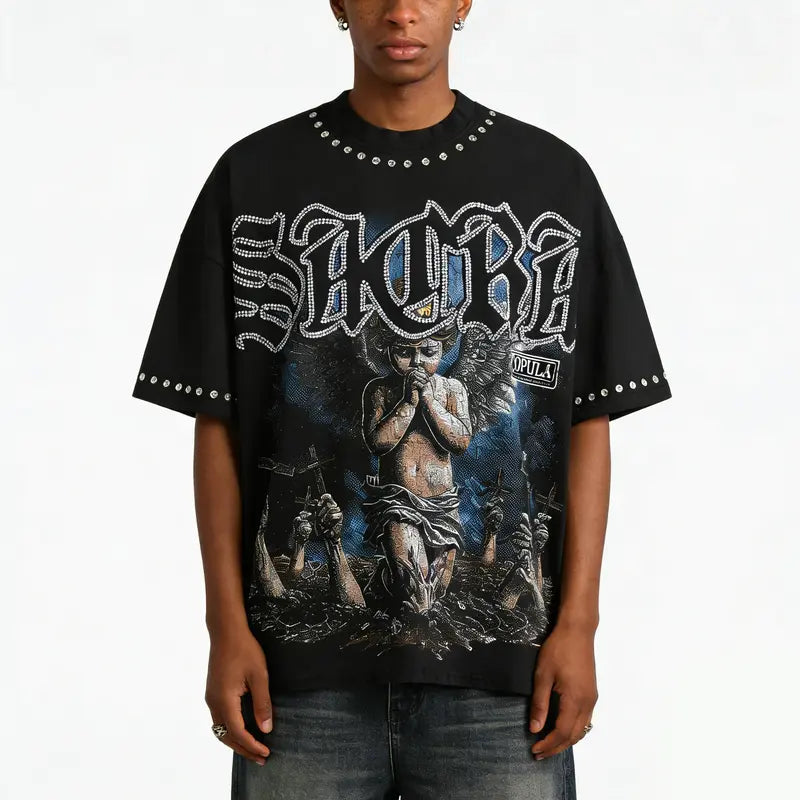 Retro Angel Graphic T-Shirt with Gothic Streetwear Style for Men