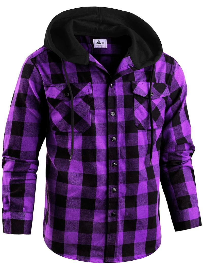 Men's Plus Size Checked Flannel Hooded Long Sleeve Shirt-Jacket - Button Front, Drawstring Hood, Pockets, Soft Casual Style Outerwear for Streetwear, Office Classic Outdoor