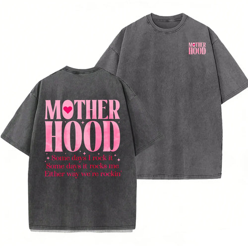 "The Real Motherhood" Acid Wash Graphic Tee - Retro Oversized Pink Statement Streetwear for Moms